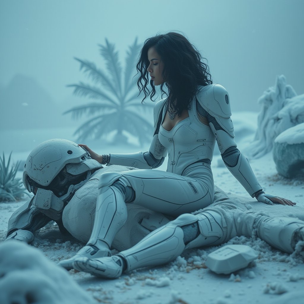 cinematic shot : A lady with cyborg body in profile with white futuristic armor, sitting on a broken abandoned cyberpunk robot in a melancholic pose. beuayy black curvy hair, with scratches on the surface and icicles. White snowflakes float around them, creating a mystical yet peaceful atmosphere. In the background are ice plant tendrils. aullultra details, ultra complex, cinematicxhan,hanemperor23