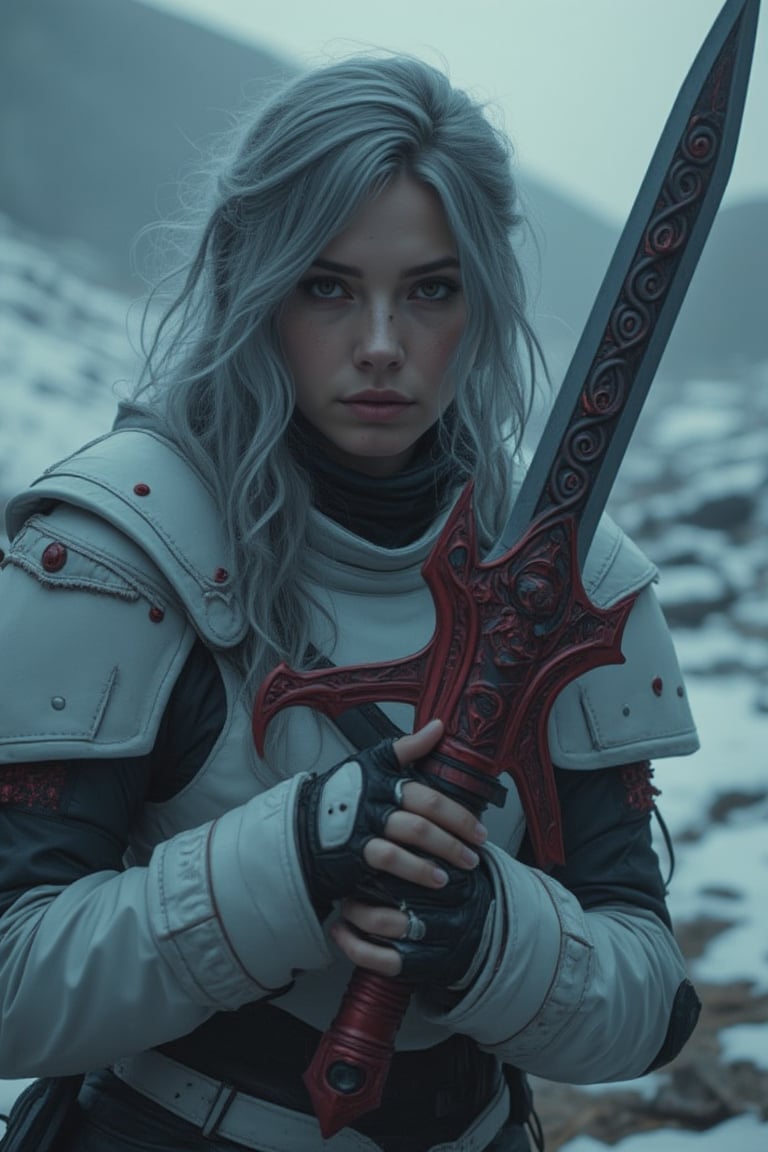 cinematic shot : a beauty russian girl with silver hair  hold an unique sword with curvy pattern at holder part, The sword features a dark metallic blade with sharp edges and red mechanical accents. Its ornate red hilt is decorated with intricate swirling patterns and geometric designs, giving it a mystical appearance. A large pointed extension on the hilt adds to its aggressive look, while the ridged handle ensures a firm grip. The design suggests a ceremonial or fantastical origin, blending both elegance and power, brown eye lens,  wear white armor cyberpunk  jacket shirt, long sleeve,  dynamic post in dark broken snowy hills, low light mood, the low light, dramatic light, cinematicxhan,Silver hair,HANSWORD23