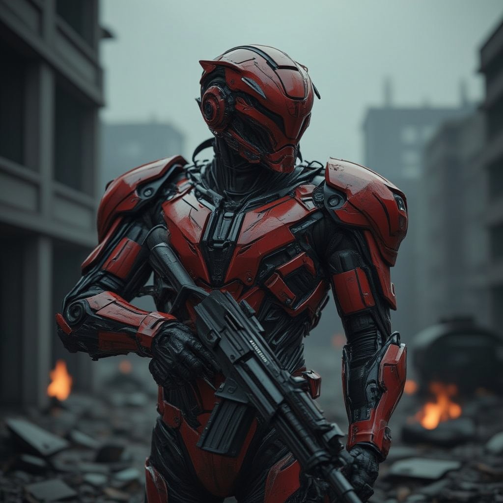 Ultrawide cinematic shot: capture  the moment of war combat, a man with red and black cyborg suit in war fight, complex cybernetics armor, random  war pose with  futuristic plasma gun, fully tactical war with army, fire and foggy effect on background, in dark broken cityscape , hanxhelm, hanemperor23,cinematicxhan