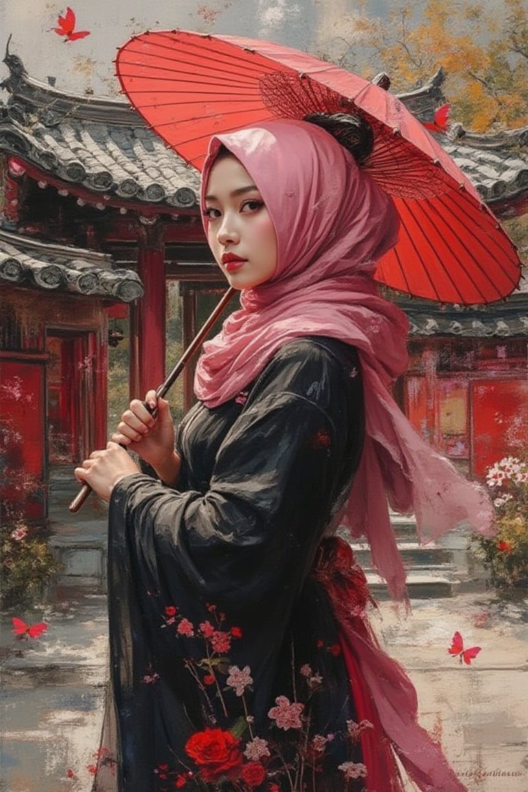 grungeartxhan83, a beauty girl geisha wear pink hijab and black dress,  temple background, hold an umbrella, oil painting style