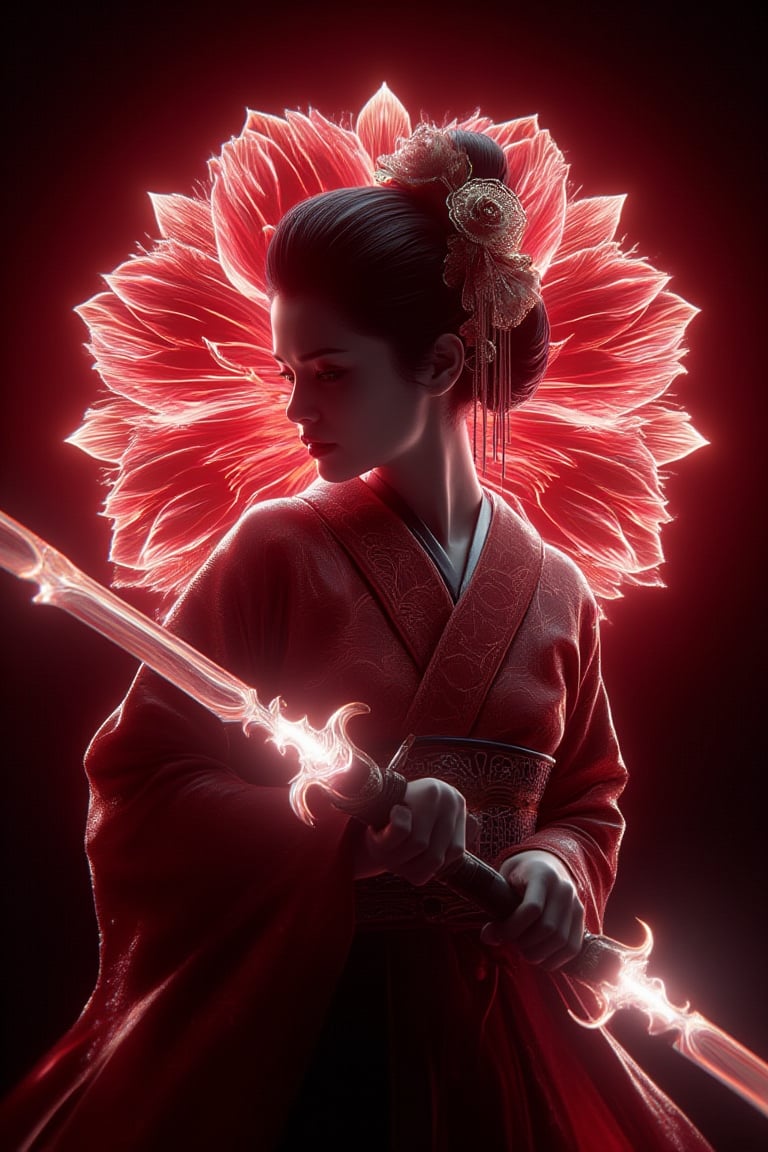 cinematic mood : a geisha weald a twin blades, the blades got grip at center, the red hologram flower aura surrounding  the blades, hologram style red color aura , the geisha posing with style, at top of hil, ultra realistic, ultra details, 