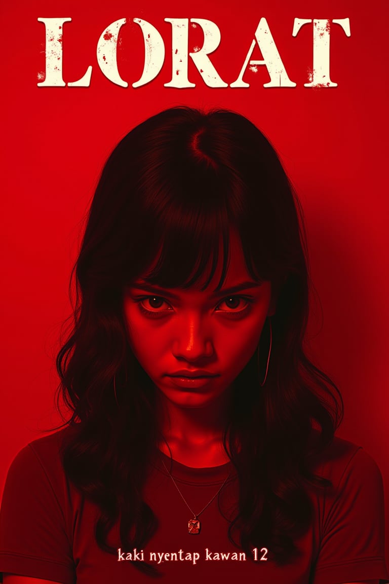 poster movie : a beauty girl with annoying face, red background, top title "LORAT", grunge bold font, small text " kaki nyentap kawan2 " white color,cinematicxhan