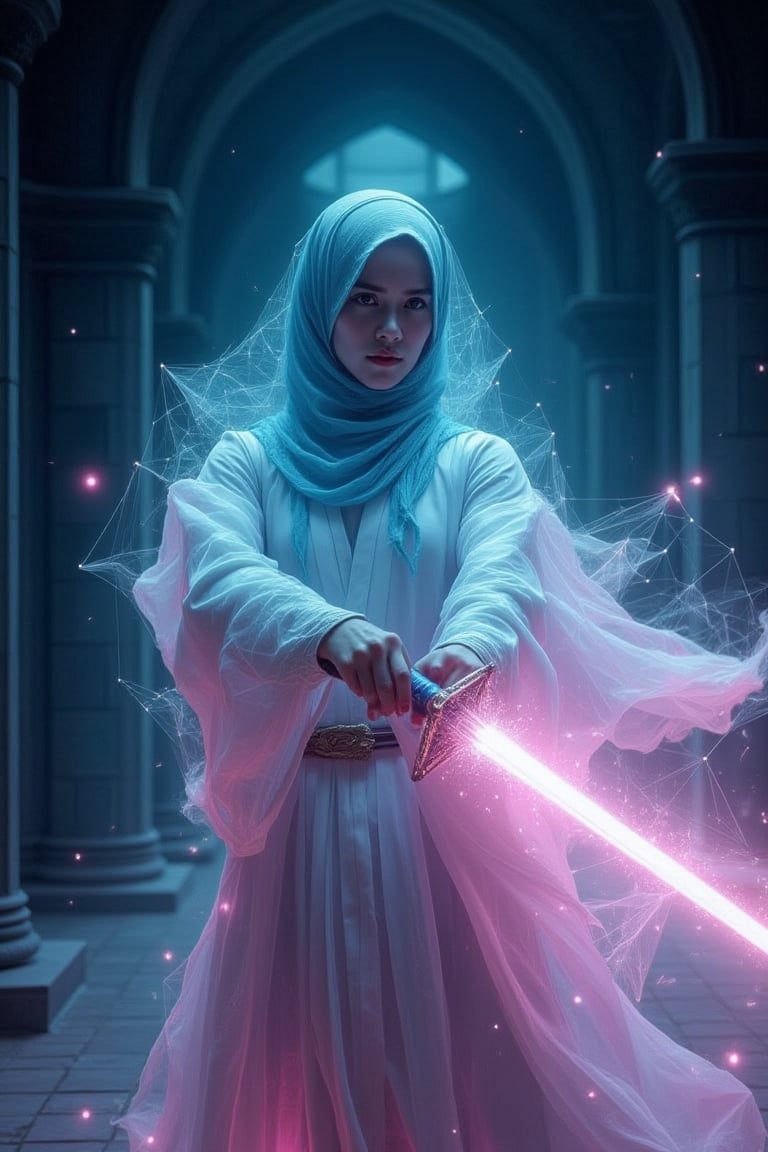 dynamic pose with swords,  fighting pose,  beuaty Russia girl wear cyan hijab, with white kimono dress, hold a hologram aura Knight swords,bthe foggy effe t on swords, glowing, geometric aura effect, pink aura color, 35 percent 
transparent, ultra realistic , ultra details, in dark castles, dimly light, cinematic moment, hanholo33