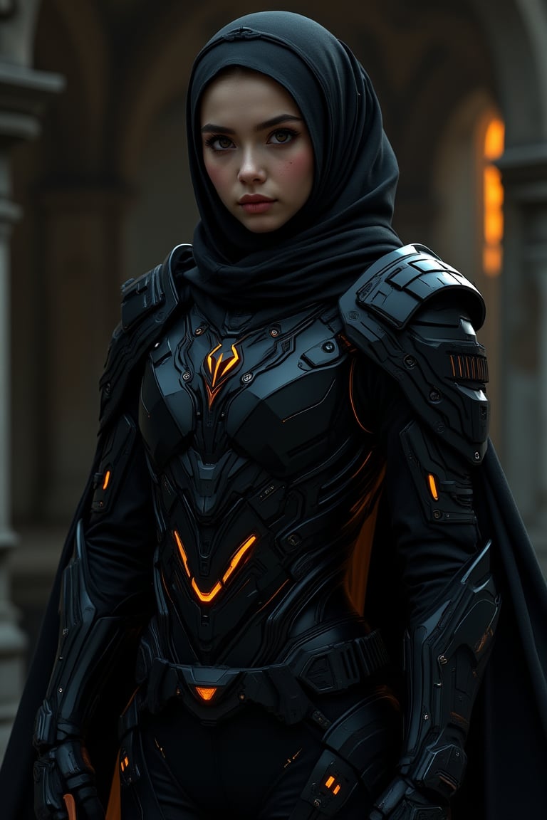 a beauty  mecha cyborg Malay girl wear black hijab, nice mmake up, thick lips, brown eyes lens, weald an unique moon dagger, orange neon at dagger, at dark dimly broken building, wear black suit armor, big shoulder size, hi tech villian design, orange neon at centre body, th bye dagger got big circle around it, high details, ultra