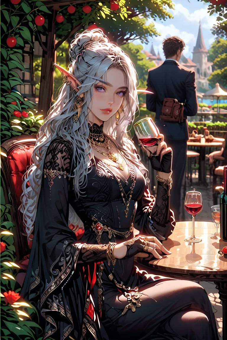 score_9,score_8_up,score_7_up, masterpiece, Elf woman(Elf Queen), long hair,(silver), seated,table,(full of food, bottle, wine), garden, under tree, wearing, elegant dress, long sleeve, long skirt, black_and_red, gold embroidery, gloves, jewelry, large crown, necklace, earrings, rings, holding glass, wine glass,(one hand)., pointed ears, long eyebrows(silver)