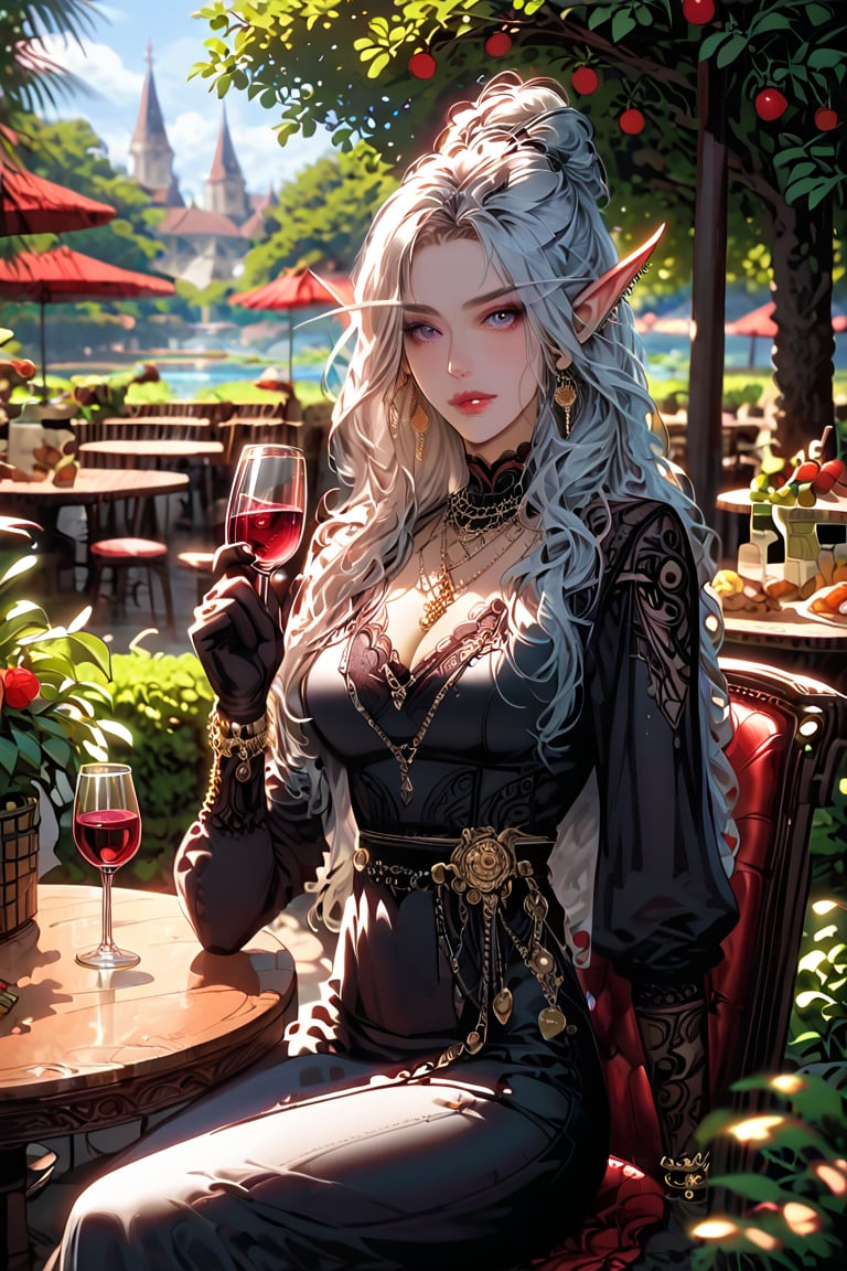 score_9,score_8_up,score_7_up, masterpiece, Elf woman(Elf Queen), long hair,(silver), seated,table,(full of food, bottle, wine), garden, under tree, wearing, elegant dress, long sleeve, long skirt, black and red, gold embroidery, gloves, jewelry, large crown, necklace, earrings, rings, holding glass, wine glass,(one hand)., pointed ears, long eyebrows