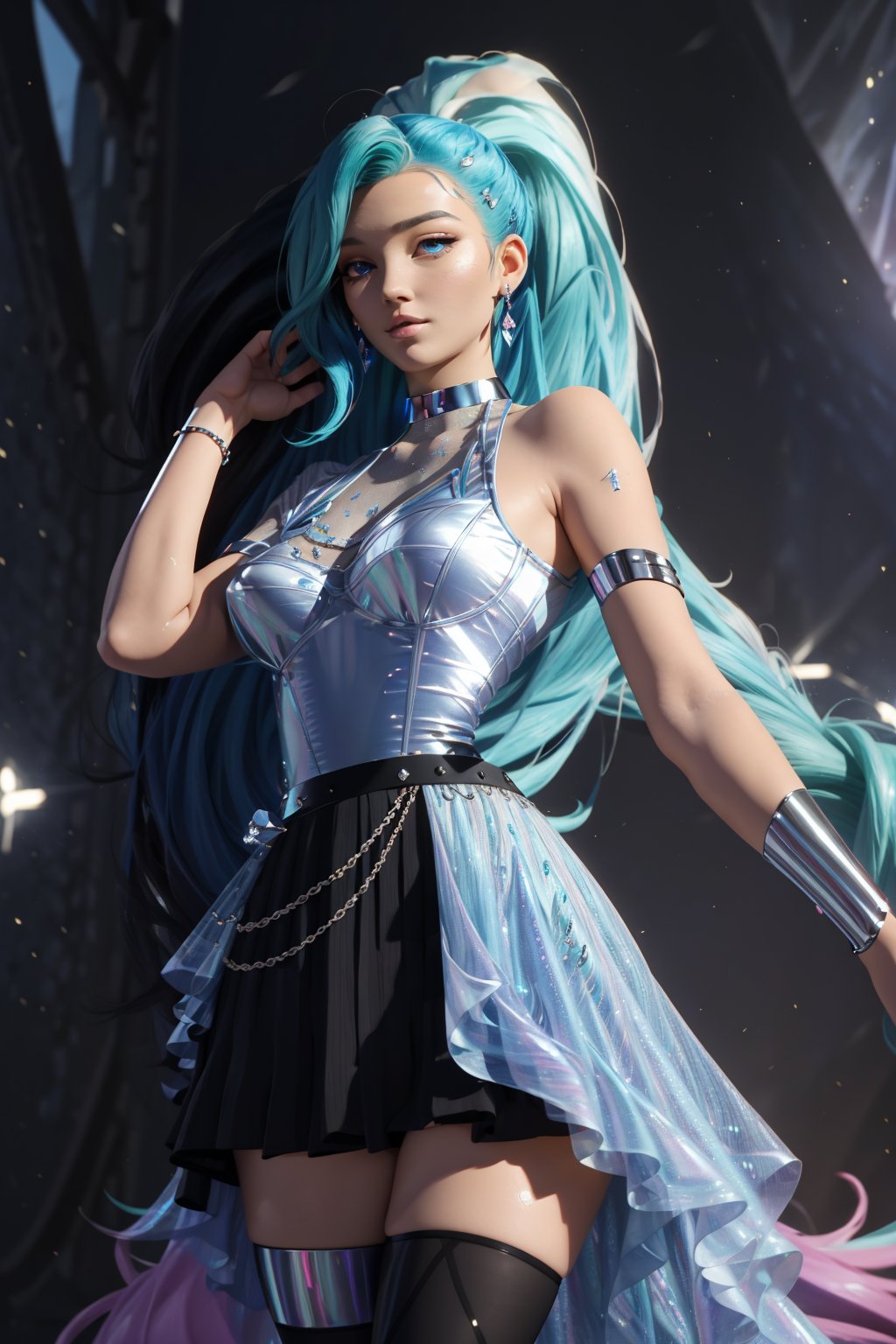 masterpiece, best quality:1.4), (ultra-detailed, 16k, ultra highres, uhd),seraphine, long hair, dress,seraphine1, 1girl,k/da \(league of legends\),very long hair, blue hair, multicolored hair, ponytail,jewelry, blue eyes, earrings, black choker, two-tone hair,black thighhighs, bracelet, black skirt,