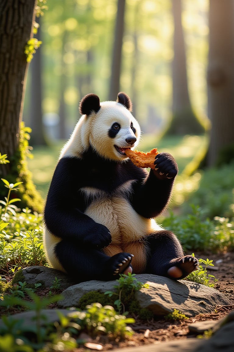 In a lush, sun-dappled clearing deep within the woods, a giant panda sits comfortably on a natural rock formation, surrounded by tall trees and underbrush. He holds a crispy piece of fried chicken in his paw, taking a leisurely bite as he savors the savory flavors. The lighting is soft and warm, casting dappled shadows across the forest floor.