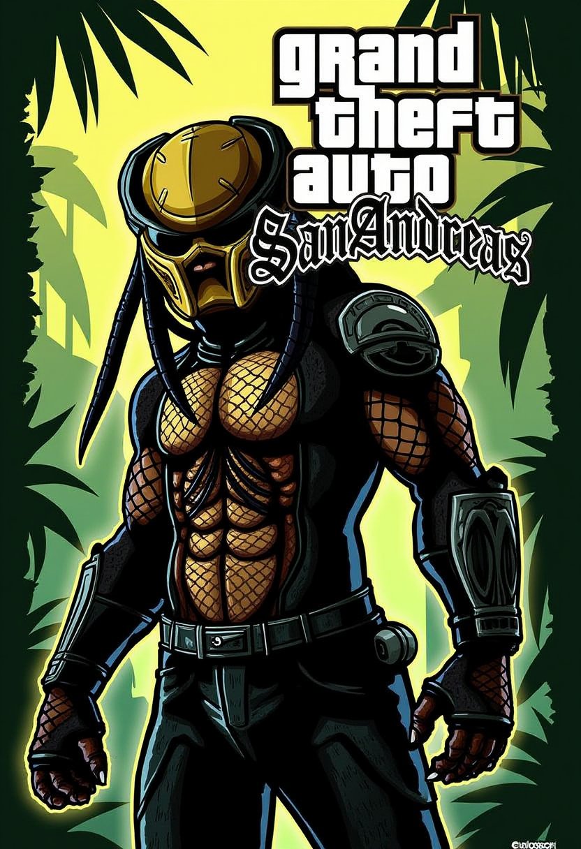 gtastyle A stylized illustration of a character from Grand Theft Auto,shadow,San Andreas,poster text GRAND THEFT AUTOSAN ANDREAS,A predator alien wearing full armor in the jungle.