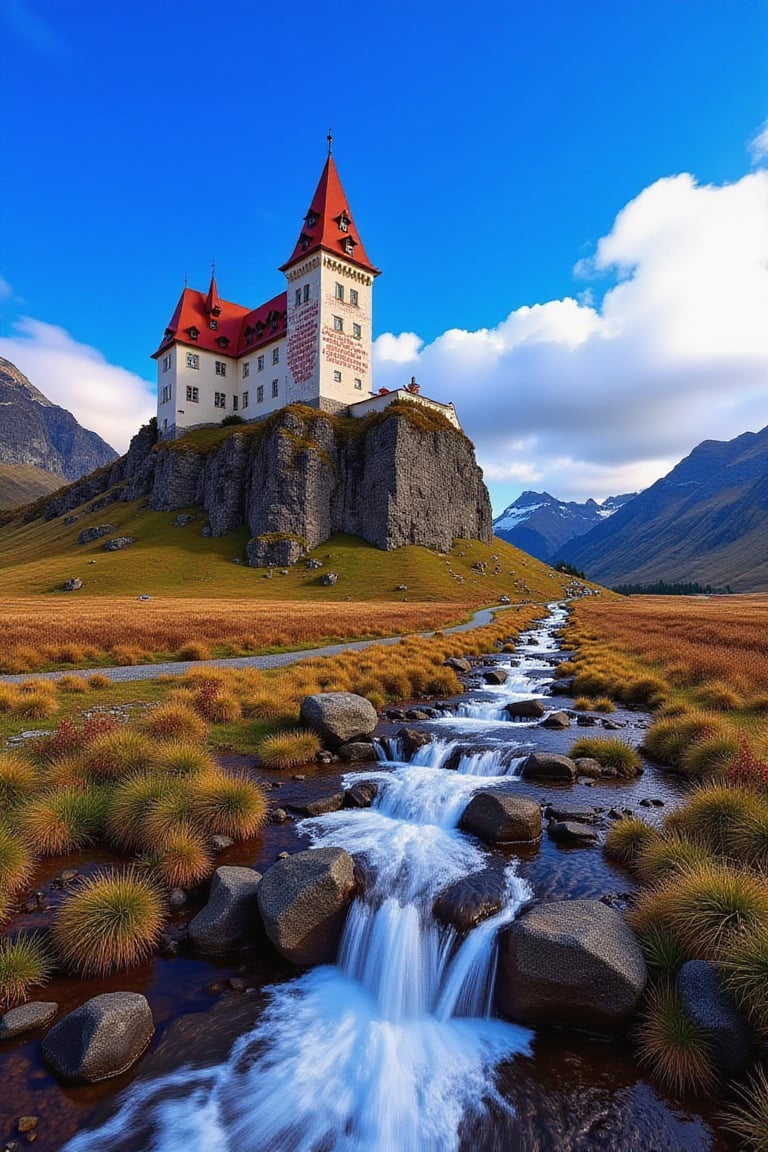 Captured at eye-level on a vibrant day, a majestic castle stands atop a mountain, adorned with a red roof. The castle is situated on a rocky cliff, adding a touch of nature to the scene. To the right of the castle, a stream of water is flowing, creating a peaceful and serene landscape. The sky is a deep blue, dotted with a few white fluffy clouds, adding depth to the composition.