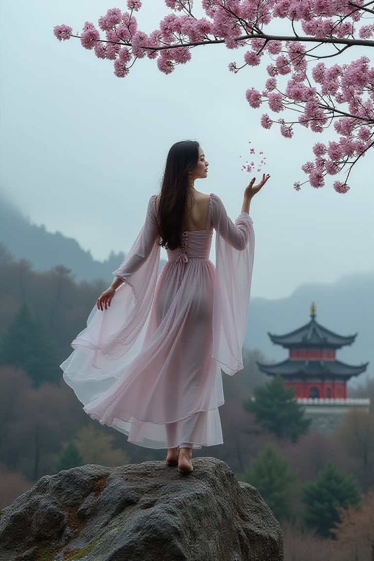 Woman, Eroflo, sexy, blossom, particles floating, tree branch, gray sky, gloomy, chinese temple,landscape