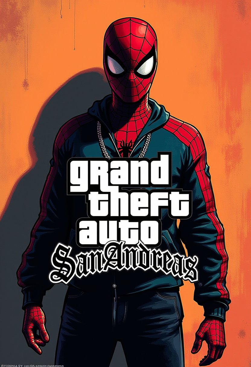 gtastyle A stylized illustration of a character from Grand Theft Auto,shadow,San Andreas,poster text GRAND THEFT AUTOSAN ANDREAS,oilpainting,spiderman,