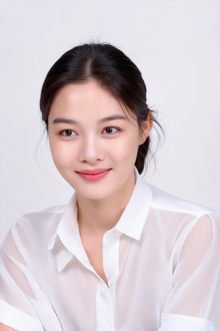 A 25 year old young woman poses confidently. He wore a white shirt and his hair was pulled back in a photo studio, which showed a relaxed or professional atmosphere. The background , which contrasts well with the white shirt and makes the subject stand out in the image. No other objects or people are visible in the photo. The woman's expression is smiling slightly and she is looking directly at the camera, indicating that this may be a portrait or professional photo.,kimyoojung