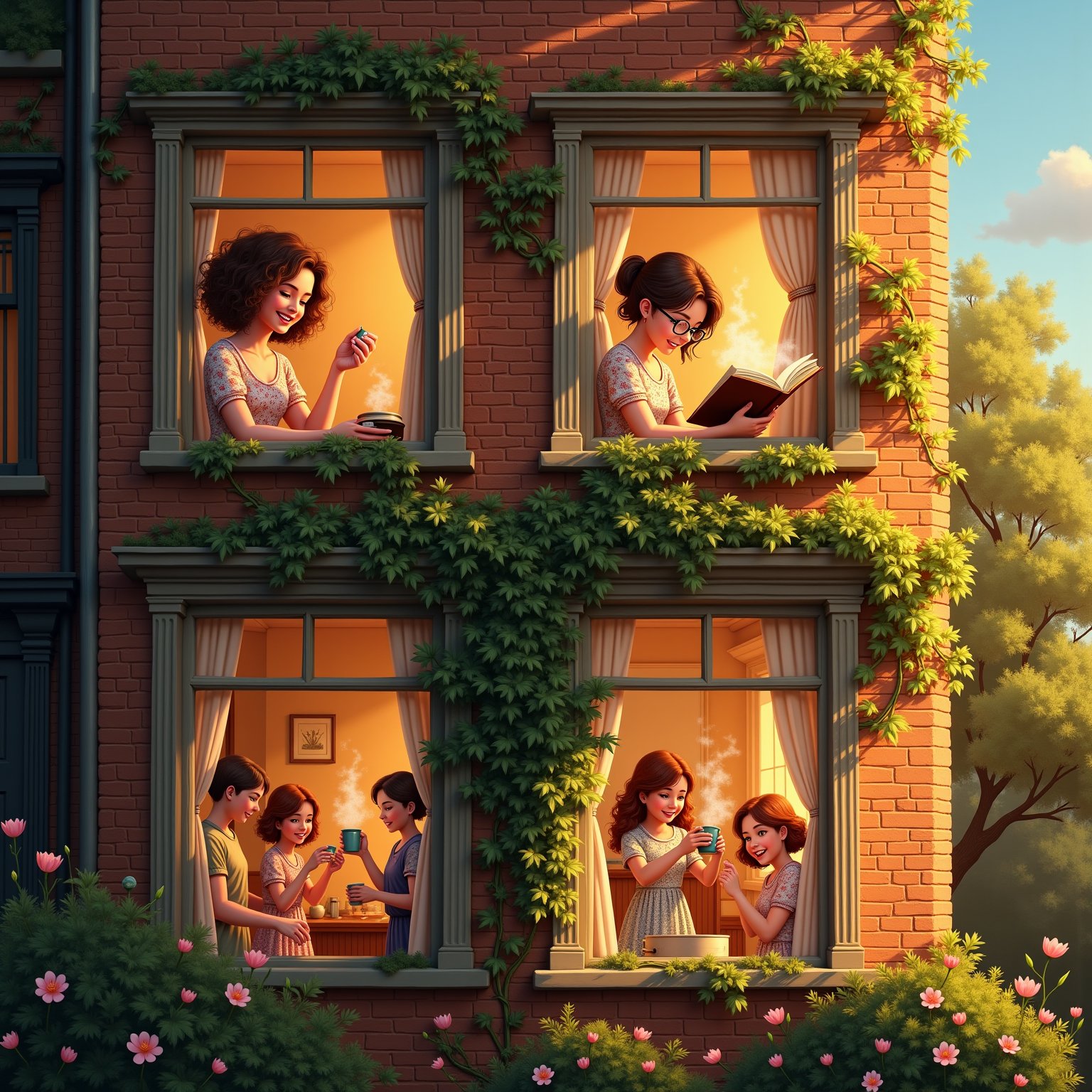 Generate AI Prompt
In a picturesque girls' boarding house draped in ivy, the late afternoon sun bathes the brick facade in warm hues of amber and gold. Through the large, vintage windows adorned with lace curtains, a lively scene unfolds. In the top-left window, a girl with curly brown hair giggles as she meticulously paints her nails a vibrant shade of coral, each stroke a burst of playfulness. To the right, another girl, her glasses perched on her nose, is deeply engrossed in a thick novel, her eyes wide with adventure as sunlight reflects off the glossy pages, illuminating the story within. In the lower windows, the sounds of laughter and chatter spill out into the garden, where a group of girls is gathered, sharing secrets over steaming mugs of hot cocoa, their breath visible in the crisp air. One girl twirls gracefully, her floral dress swirling around her, while another snaps photos with her vintage camera, capturing moments of joy. The nearby trees rustle gently in the breeze, and the scent of blooming flowers wafts through the air, mingling with the sweet aroma of freshly baked cookies wafting from the kitchen. The atmosphere is vibrant yet cozy, filled with the soft sounds of friendship and discovery, as the girls create a tapestry of memories in their beloved haven.