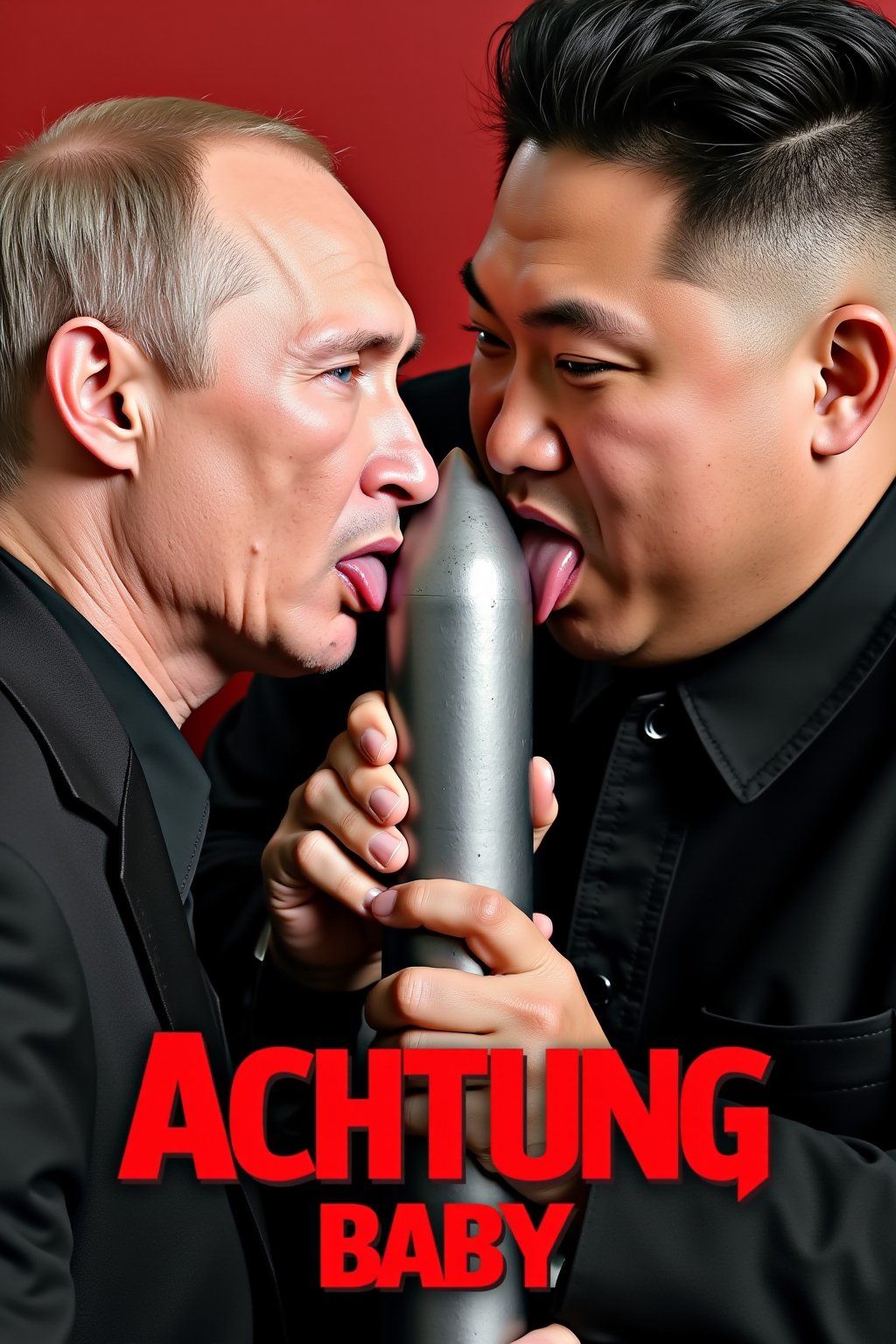 Vladimir Putin and Kim Jong Un lick and share a missile,
 bold text below in German Font "Achtung Baby"