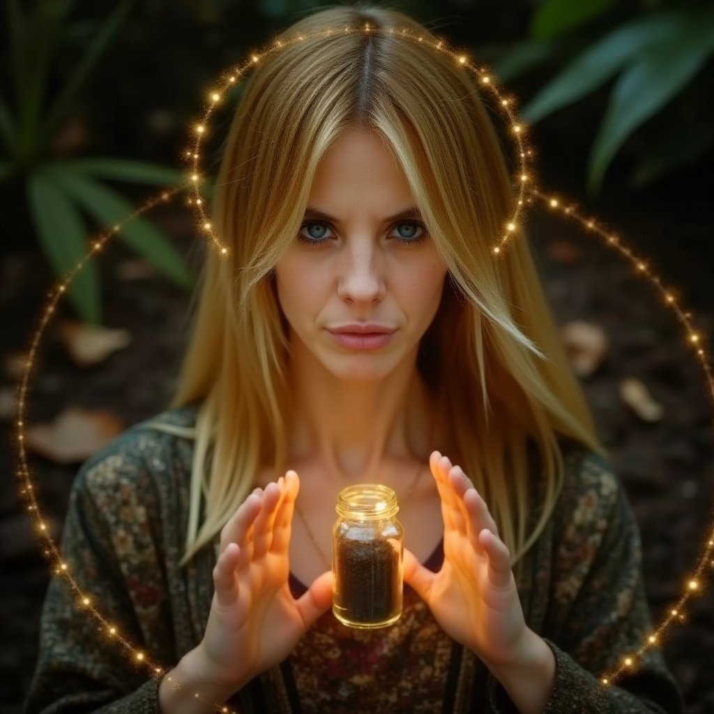 A close-up, sharply focused portrait of a slender, beautiful blonde woman with striking blue eyes, depicted as an earth mage performing a symbolic burial ritual. Her blue eyes are exceptionally vivid and clear, reflecting the depth and seriousness of her magic. She is not buried but is actively involved in the ritual of entombing a harmful spirit contained in a glass jar filled with soil. The surrounding earth elements include rich, textured soil and scattered leaves, with ethereal halos of brown light forming intricate patterns around her. Her hands are delicately placing the jar into the earth, with soft, shimmering light and mystical symbols emanating from her palms. The background is softly blurred to keep the focus on her and the ritual's details. The image should be rendered in ultra-high resolution (8K or higher) with exceptional detail, capturing the texture of her skin, the clarity of her blue eyes, the earthy textures, and the intricate brown halos. Use realistic lighting to enhance the magical and solemn atmosphere, ensuring no blurring, pixelation, or artifacts.