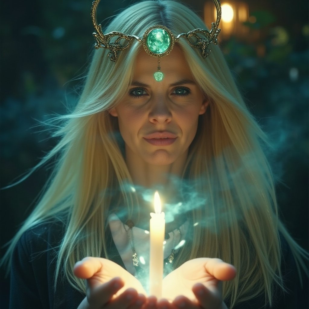 A breathtaking 8K+ portrait of a ravishing blonde sorceress, radiating mystical power as she revives love's spark. Her piercing blue eyes, like sapphires, shine with intense magic and emotion, surrounded by warm candlelight and arcane symbols. Turquoise wisps swirl around her, forming ethereal halos and intricate patterns. Raised hands channel energy, releasing shimmering light and mystical symbols from palms. Soft focus on the sorceress and ritual elements, with blurred background to maintain visual intimacy.