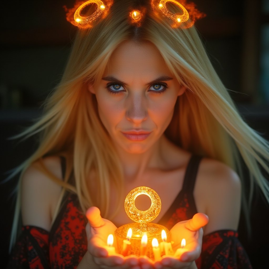 A close-up, sharply focused portrait of a slender, beautiful blonde woman with striking blue eyes, depicted as a powerful sorceress performing a mystical ritual to rekindle the love between a couple. Her blue eyes are exceptionally vivid and clear, capturing the intensity and depth of her magic. She is surrounded by glowing candles and intricate arcane symbols, with a magical aura enveloping her. The ritual involves elements of fire, represented by vibrant flames and fiery, glowing embers that dance around her. These fire elements create ethereal halos of orange light around the sorceress and form intricate patterns in the air. Her hands are raised, channeling energy into the spell, with soft, shimmering light and swirling mystical symbols emanating from her palms. The background is softly blurred to keep the focus on her and the detailed ritual elements. The image should be rendered in ultra-high resolution (8K or higher) with exceptional detail, capturing the texture of her skin, the clarity of her blue eyes, the warm glow of the candles, and the intricate details of the orange halos and fire elements. Use realistic lighting to enhance the magical and romantic atmosphere, ensuring no blurring, pixelation, or artifacts.