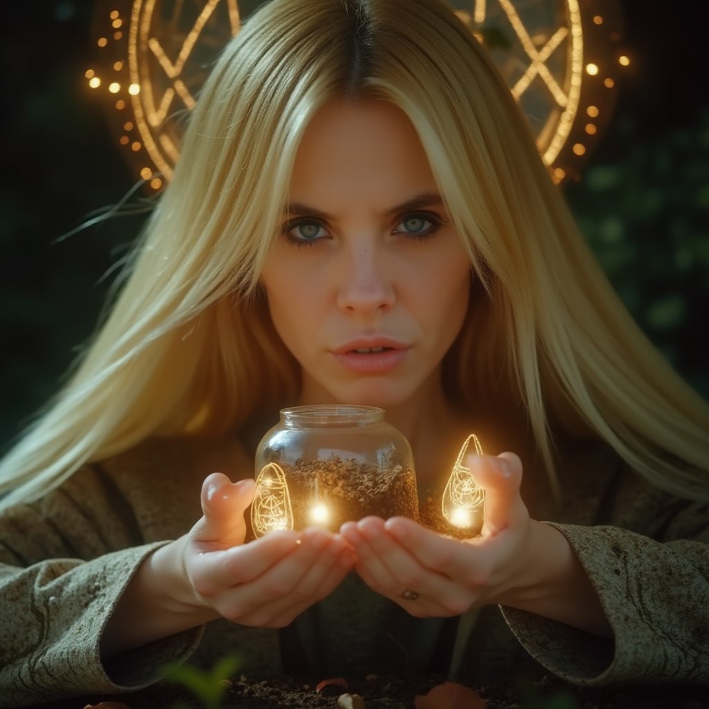 : A close-up, sharply focused portrait of a slender, beautiful blonde woman with striking blue eyes, depicted as an earth mage performing a symbolic burial ritual. Her blue eyes are exceptionally vivid and clear, reflecting the depth and seriousness of her magic. She is engaged in the ritual of burying a curse contained in a glass jar filled with soil. The earth elements around her include rich, textured soil and scattered leaves, with ethereal halos of brown light forming intricate patterns around her. Her hands, focused and graceful, are placing the jar into the earth, with soft, shimmering light and mystical symbols emanating from her palms. The background is softly blurred to maintain focus on her and the ritual details. The image should be rendered in ultra-high resolution (8K or higher) with exceptional detail, capturing the texture of her skin, the clarity of her blue eyes, the rich textures of the earth, and the intricate brown halos. Use realistic lighting to highlight the magical and solemn atmosphere, ensuring no blurring, pixelation, or artifacts.