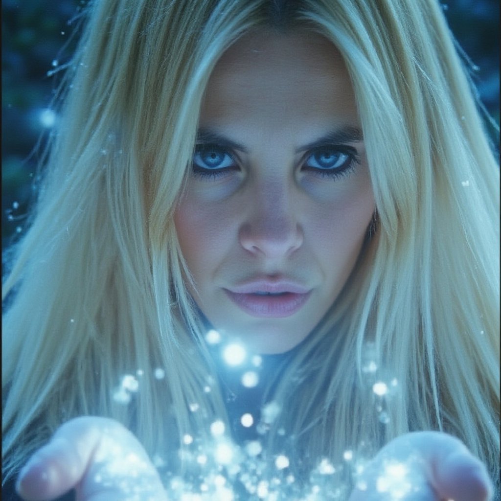 A majestic close-up portrait of a radiant blonde ice mage. She stands tall, her piercing blue eyes radiating an aura of intense power as she channels icy energy. Her slender fingers extend, palms aglow with soft, shimmering light and mystical symbols of frost. Crystalline formations and frost-covered surfaces surround her, while swirling snowflakes dance in the ethereal halos of icy blue and frosty white light. The background, softly blurred, adds depth without distracting from the subject's captivating presence. In ultra-high resolution (8K+), every detail is meticulously captured: skin texture, eye clarity, ice crispness, and halo intricacy. Realistic lighting emphasizes the magical ambiance, free of blurring, pixelation, or artifacts, transporting the viewer into a chilling, mystical realm.