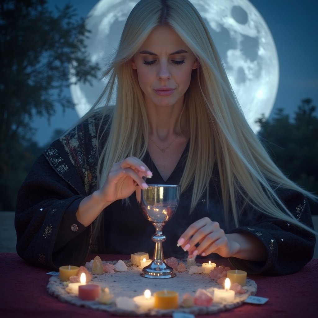 A close-up, sharply focused portrait of a slender, beautiful blonde woman with striking blue eyes, depicted as a powerful mage performing a Full Moon spell to enhance love, prosperity, and the manifestation of desires. Her blue eyes are exceptionally vivid and clear, glowing with the energy of the moonlight.The scene is bathed in the soft, silvery light of the Full Moon, which hangs large and luminous in the sky above her, casting an ethereal glow over the entire ritual.Ritual Elements:Moonlight Chalice: In one hand, she holds a silver chalice filled with moonlit water, shimmering with magical energy. The water is imbued with the power of the Full Moon, ready to amplify her intentions.Candles: Surrounding her are candles in shades of pink, gold, and white, representing love, prosperity, and purity. These candles are lit and burning brightly, their flames dancing in harmony with the moon's energy.Crystal Grid: At her feet lies a carefully arranged crystal grid, with rose quartz for love, citrine for prosperity, and clear quartz for manifesting desires. The crystals glow softly, reflecting the light of the moon and the magical energy of the ritual.Written Intentions: Small pieces of parchment with handwritten intentions are placed within the crystal grid, each representing a wish she intends to manifest under the Full Moon's power.Lunar Aura: The mage is surrounded by a lunar aura—a glowing, silver-blue light that pulses with the rhythm of the moon, amplifying the potency of her spell. This aura is infused with symbols of the moon and stars, swirling around her in a protective, energizing halo.The mage's hands move gracefully, performing intricate gestures that direct the moon's energy into the ritual elements. The moonlight reflects in her vibrant blue eyes, which are sharply focused and glowing with determination.The background is softly blurred, focusing attention on the mage, the ritual elements, and the Full Moon's glow. The image should be rendered in ultra-high resolution (8K or higher) with exceptional detail, capturing the texture of the crystals, the clarity of her eyes, and the shimmering light of the moon. Use realistic lighting to emphasize the mystical and powerful ambiance, ensuring no blurring, pixelation, or artifacts.