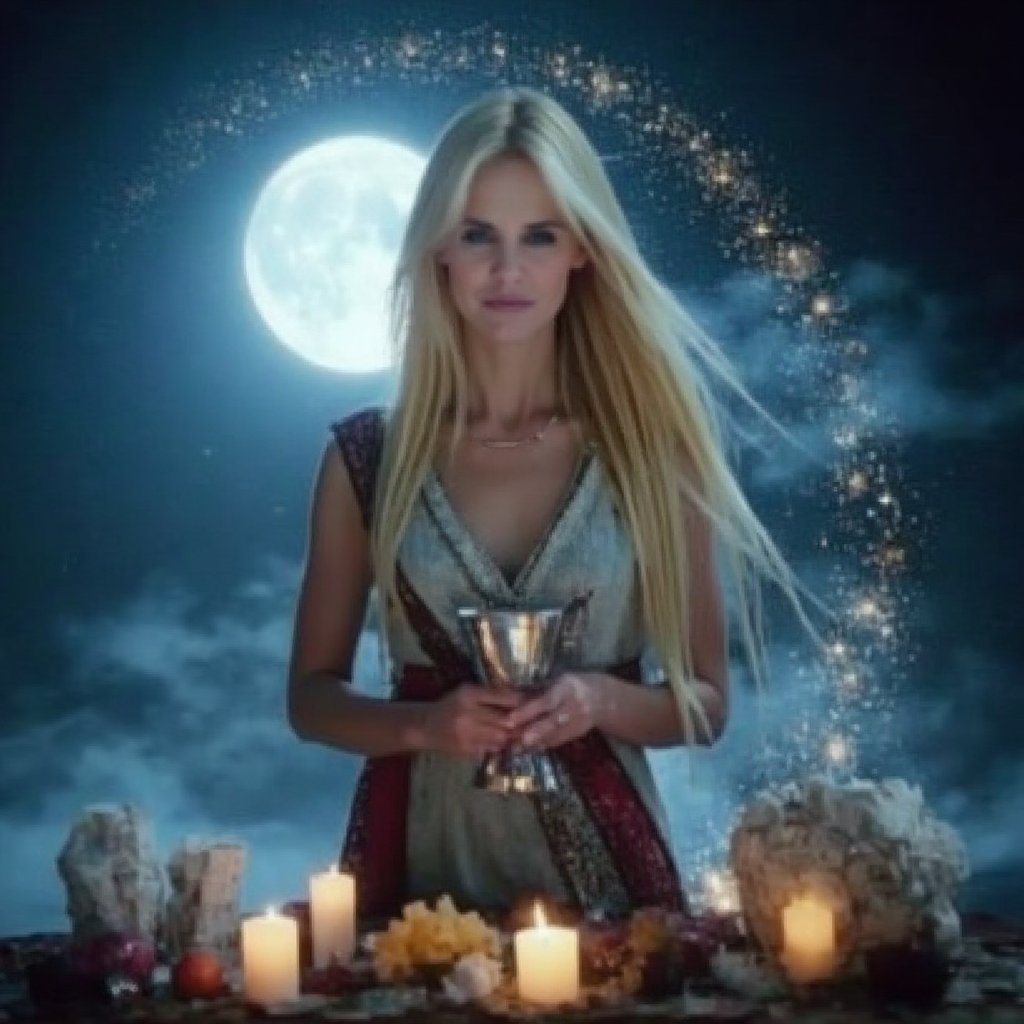 A close-up, sharply focused portrait of a slender, beautiful blonde woman with striking blue eyes, depicted as a powerful mage performing a Full Moon spell to enhance love, prosperity, and the manifestation of desires. Her blue eyes are exceptionally vivid and clear, glowing with the energy of the moonlight.Luna llena: The Full Moon is prominently featured in the background, occupying a significant portion of the sky, its surface glowing with intricate details of craters and lunar textures. The moonlight cascades down, enveloping the mage in a soft, silvery glow, enhancing the mystical atmosphere.Ritual Elements:Moonlight Chalice: In one hand, she holds a silver chalice filled with moonlit water, shimmering with magical energy. The water reflects the Full Moon, intensifying the ritual's power.Candles: Surrounding her are candles in shades of pink, gold, and white, representing love, prosperity, and purity. These candles are lit and burning brightly, their flames flickering in sync with the moon's energy.Crystal Grid: At her feet lies a carefully arranged crystal grid, with rose quartz for love, citrine for prosperity, and clear quartz for manifesting desires. The crystals glow softly, reflecting the light of the moon and the magical energy of the ritual.Written Intentions: Small pieces of parchment with handwritten intentions are placed within the crystal grid, each representing a wish she intends to manifest under the Full Moon's power.Lunar Aura: The mage is surrounded by a lunar aura—a glowing, silver-blue light that pulses with the rhythm of the moon, amplifying the potency of her spell. This aura is infused with symbols of the moon and stars, swirling around her in a protective, energizing halo.The Full Moon is central to the composition, its light reflecting in the mage's vivid blue eyes and enhancing every aspect of the ritual. The mage stands in a majestic pose, her eyes locked onto the Moon as if drawing down its power directly into her spell.The background is softly blurred, keeping the focus on the mage, the Full Moon, and the powerful ritual elements. The image should be rendered in ultra-high resolution (8K or higher) with exceptional detail, capturing the moon’s surface, the clarity of her eyes, and the shimmering light of the ritual. Use realistic lighting to emphasize the connection between the mage and the Full Moon, ensuring no blurring, pixelation, or artifacts.