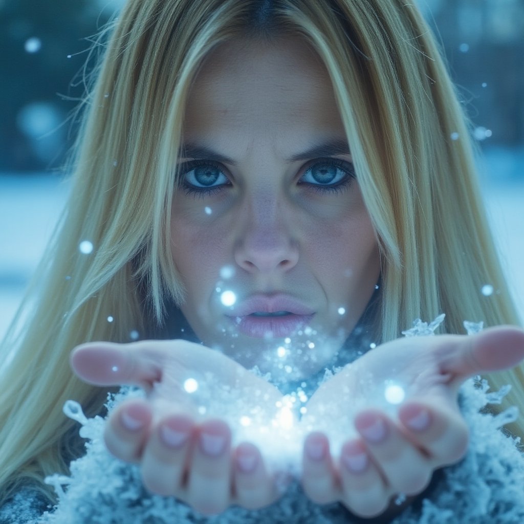 A close-up, sharply focused portrait of a slender, beautiful blonde woman with striking blue eyes, depicted as an ice mage performing a ritual to symbolically freeze her enemies. Her blue eyes are exceptionally vivid and clear, reflecting the intense power and precision of her magic. She is surrounded by elements of ice, including crystalline formations, frost-covered surfaces, and swirling snowflakes. Ethereal halos of icy blue and frosty white light create intricate patterns around her, enhancing the cold and mystical atmosphere. Her hands are raised, channeling the icy energy, with soft, shimmering light and mystical symbols of frost emanating from her palms. The background is softly blurred to keep the focus on her and the detailed ice elements. The image should be rendered in ultra-high resolution (8K or higher) with exceptional detail, capturing the texture of her skin, the clarity of her blue eyes, the crispness of the ice, and the intricate blue and white halos. Use realistic lighting to emphasize the magical and chilling ambiance, ensuring no blurring, pixelation, or artifacts.