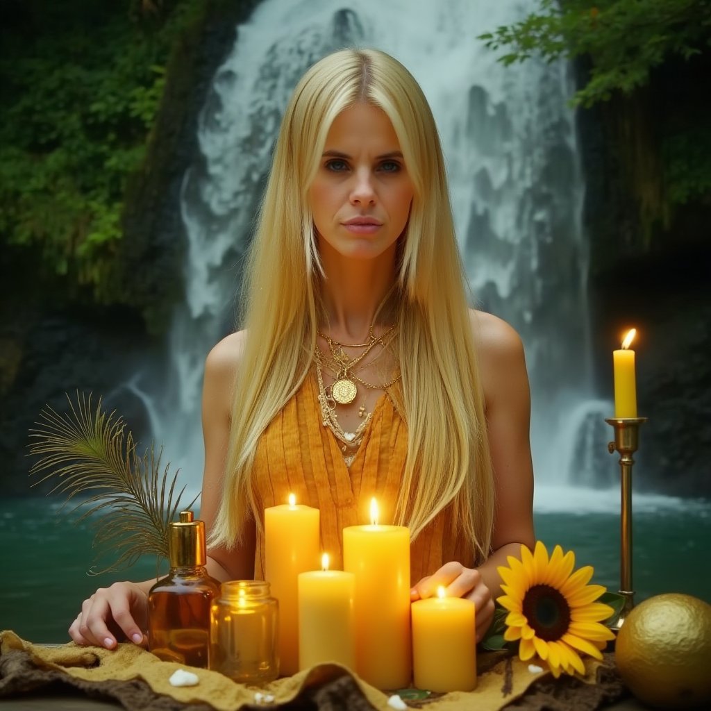 Here is a prompt for a high-quality image:

Close-up portrait of a slender blonde woman, eyes blazing with blue intensity as she performs a ritual to invoke Ochún, goddess of love and fertility. She stands near a cascading waterfall, its glistening waters symbolizing Ochún's pure and nurturing nature. Golden offerings of honey, sunflowers, and ornaments surround her on an altar, illuminated by lit yellow and gold candles that dance in response to the goddess's presence. Peacock feathers and mirrors, symbols of Ochún's power, are scattered around the scene. A golden aura envelops the mage, infused with love, fertility, and divine femininity, representing Ochún's blessings. The lush green environment of the waterfall soft-focus background, while the mage and goddess remain in sharp focus, capturing every detail of their mystical connection.