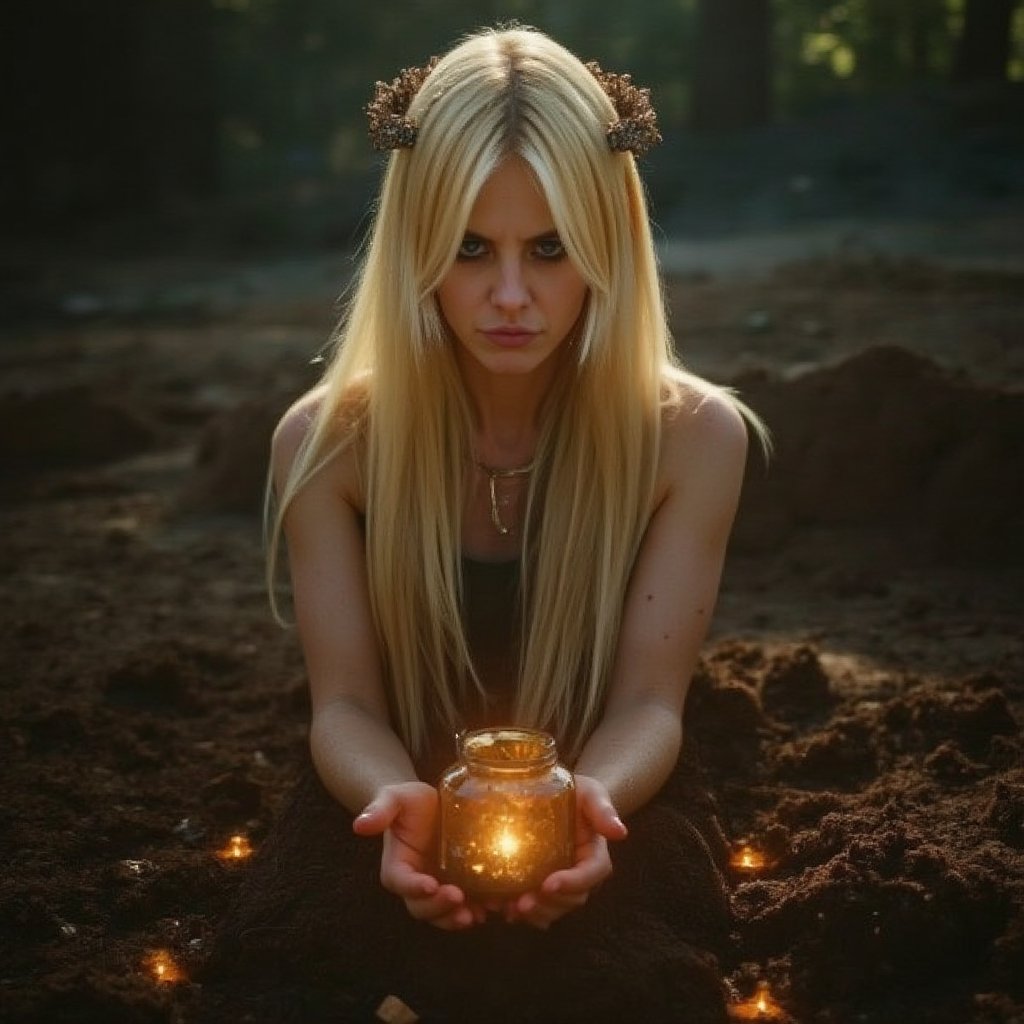 A breathtakingly detailed 8K+ portrait: a slender blonde woman, an earth mage, performs a sacred burial ritual amidst rich, textured soil and scattered leaves. Her piercing blue eyes, vivid as the magic they contain, shine with depth and seriousness. As she places the curse-filled jar into the earth, soft shimmering light emanates from her palms, surrounded by mystical symbols. The background softly blurred to focus on her ritual details, the image is rendered in ultra-high resolution, capturing skin texture, eye clarity, earth richness, and intricate brown halos. Realistic lighting illuminates the magical atmosphere, ensuring no blurring, pixelation, or artifacts.