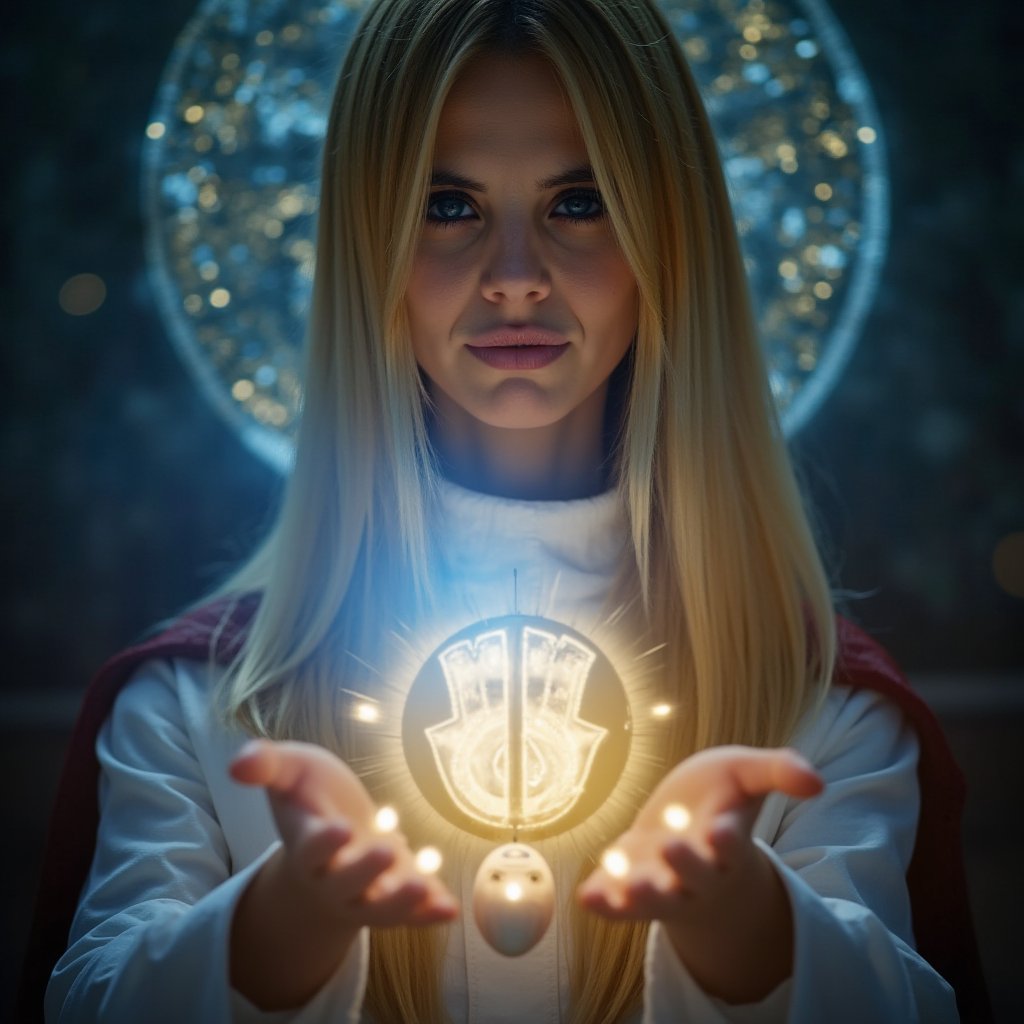 A close-up, sharply focused portrait of a slender, beautiful blonde woman with striking blue eyes, depicted as a powerful mage performing a ritual to cleanse the evil eye. Her blue eyes are exceptionally vivid and clear, glowing with determination and mystical energy.The scene prominently features several protective and cleansing items:Hamsa: A large, intricately detailed Hamsa hand amulet is central in the scene, radiating a strong, pulsating light that symbolizes divine protection and strength. The Hamsa is depicted with delicate engravings and is surrounded by a glowing aura, highlighting its importance in the ritual.Nazarlik (Evil Eye Amulet): A traditional blue and white glass amulet hangs prominently, emitting a soft, protective glow. The amulet's blue color is vibrant, standing out against the mystical backdrop.Egg: A white egg, representing the absorption of negative energies, is held carefully in the mage's hand, positioned near the Hamsa, as if it is being charged with protective energy.Mirrors: Several small, reflective mirrors are strategically placed around her, capturing and deflecting negative energies. Each mirror reflects the protective light from the Hamsa, creating a web of defensive energy.Surrounding the mage is an intensely glowing aura shield, a nearly tangible force field that shimmers with a protective, golden-blue light. This shield is powerful and impenetrable, forming a radiant barrier that not only protects the mage but also amplifies the potency of the Hamsa and other protective elements. The aura is dynamic, with waves of energy pulsing outward, deflecting any negative forces.The mage's hands are gracefully moving in the ritual, with streams of light flowing from her fingertips, interacting with the Hamsa and reinforcing the aura shield. The scene is filled with an intense, protective energy, with halos of blue and gold light enhancing the magical atmosphere.The background should be softly blurred to maintain focus on the mage, her vivid blue eyes, and the powerful protective elements. The image should be rendered in ultra-high resolution (8K or higher) with exceptional detail, capturing the intricate designs of the Hamsa, the clarity of the Nazarlik, and the vibrant energy of the aura shield. Use realistic lighting to emphasize the magical and protective ambiance, ensuring no blurring, pixelation, or artifacts.