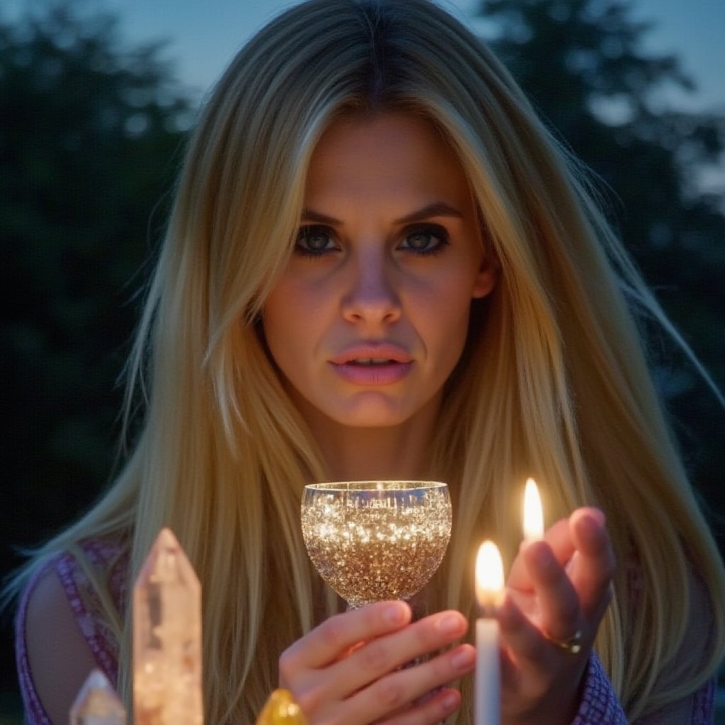 A mesmerizing close-up portrait of a stunning blonde mage, bathed in the soft silvery glow of the Full Moon. Her piercing blue eyes radiate determination as she performs an intricate spell to enhance love, prosperity, and manifestation. The moonlight casts an ethereal ambiance, illuminating her hands as they guide the ritual elements: a shimmering moonlit chalice, burning pink-gold-white candles, and a glowing crystal grid with rose quartz, citrine, and clear quartz. Written intentions hover near the crystals, infused with lunar energy. The mage's aura pulses with the rhythm of the moon, amplifying the spell's potency. Rendered in ultra-high resolution, capturing the texture of the crystals, clarity of her eyes, and shimmering light of the moon.