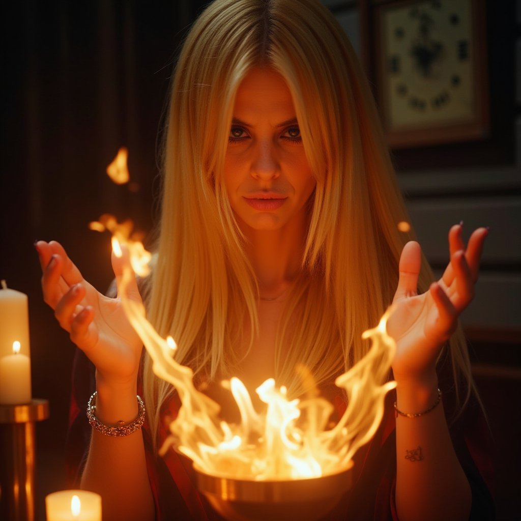 A mesmerizing close-up portrait of a slender blonde sorceress radiates power as she conducts a mystical ritual to reignite love. Her piercing blue eyes blaze with intensity, surrounded by glowing candles and arcane symbols. Vibrant flames and fiery embers dance around her, casting ethereal halos of orange light. Her raised hands channel energy into the spell, releasing soft, shimmering light and swirling symbols from her palms. The blurred background enhances the focus on her and the ritual's intricate details. Rendered in ultra-high resolution (8K+), this image showcases exceptional texture, clarity, and realistic lighting, capturing every detail with precision.