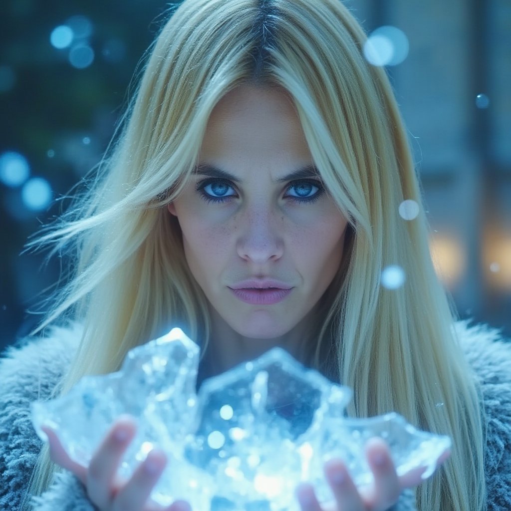 A close-up, sharply focused portrait of a slender, beautiful blonde woman with striking blue eyes, depicted as an ice mage performing a ritual to symbolically freeze her enemies. Her blue eyes are exceptionally vivid and clear, reflecting the intense power and precision of her magic. She is surrounded by elements of ice, including crystalline formations, frost-covered surfaces, and swirling snowflakes. Ethereal halos of icy blue and frosty white light create intricate patterns around her, enhancing the cold and mystical atmosphere. Her hands are raised, channeling the icy energy, with soft, shimmering light and mystical symbols of frost emanating from her palms. The background is softly blurred to keep the focus on her and the detailed ice elements. The image should be rendered in ultra-high resolution (8K or higher) with exceptional detail, capturing the texture of her skin, the clarity of her blue eyes, the crispness of the ice, and the intricate blue and white halos. Use realistic lighting to emphasize the magical and chilling ambiance, ensuring no blurring, pixelation, or artifacts.