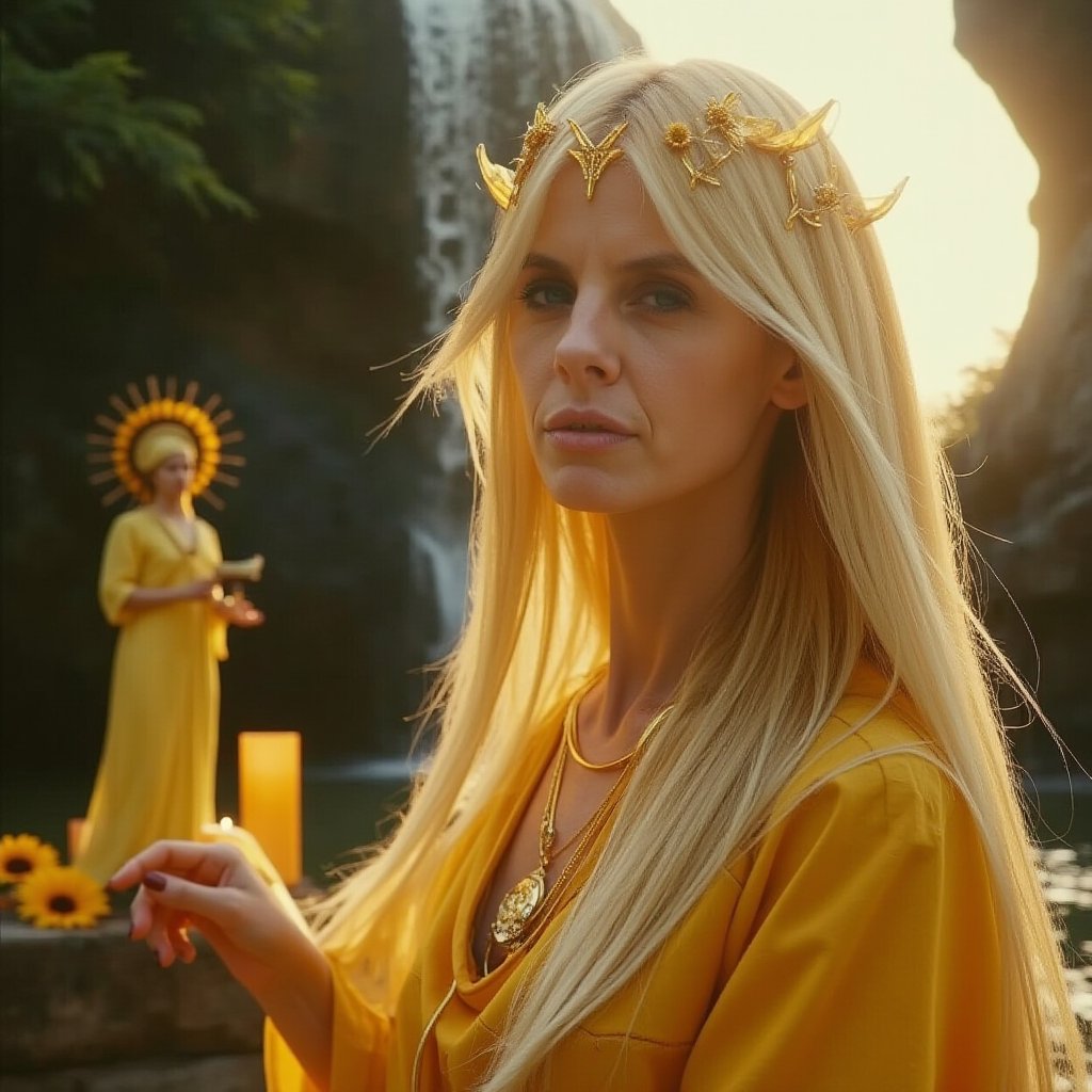 A close-up, sharply focused portrait of a slender, beautiful blonde woman with striking blue eyes, depicted as a powerful mage performing a ritual to invoke the Yoruba goddess Oshún. Her blue eyes are exceptionally vivid and clear, radiating mystical energy as she summons the goddess of love and fertility.Oshún: The scene features the goddess Oshún, who appears gracefully beside the mage, emerging from a cascading waterfall. Oshún has a serene and expressive face, radiating love and compassion. She wears luxurious, flowing garments in vibrant gold and yellow, adorned with bright jewels such as necklaces, bracelets, and a diadem, symbolizing her divine status and association with abundance.Key Details for Oshún:Hair: Oshún’s long, flowing hair is decorated with flowers and golden ribbons, symbolizing beauty and fertility.Posture: She is depicted standing gracefully near the waterfall, holding a golden fan in one hand and a sparkling candelabrum in the other.Expression: Her expression is warm and maternal, reflecting her connection with love and fertility.Ritual Elements:Flowing Water: The mage stands near a cascading waterfall, its waters shimmering under the sunlight, representing Oshún’s pure and nurturing essence.Golden Offerings: Around the mage, offerings such as honey, sunflowers, and golden ornaments are arranged on a small altar. These items are sacred to Oshún, with their golden hues gleaming in the light.Candles and Symbols: Candles in shades of yellow and gold are lit around the altar, their flames dancing in sync with Oshún’s presence. Symbols associated with Oshún, such as peacock feathers and mirrors, are included in the scene.Lunar Aura: The mage and Oshún are enveloped in a golden aura, infused with symbols of love, fertility, and divine femininity. This aura creates a protective and energizing halo around them, connecting them with Oshún’s blessings.The Full Moon is prominently featured in the background, its light casting a soft, ethereal glow over the ritual. The waterfall and the lush, green environment enhance the natural and divine setting, with a soft blur to keep the focus on the mage and Oshún.The image should be rendered in ultra-high resolution (8K or higher) with exceptional detail, capturing the clarity of the mage's eyes, the intricate details of Oshún’s appearance, and the shimmering light of the waterfall. Use realistic lighting to emphasize the divine and mystical ambiance, ensuring no blurring, pixelation, or artifacts.