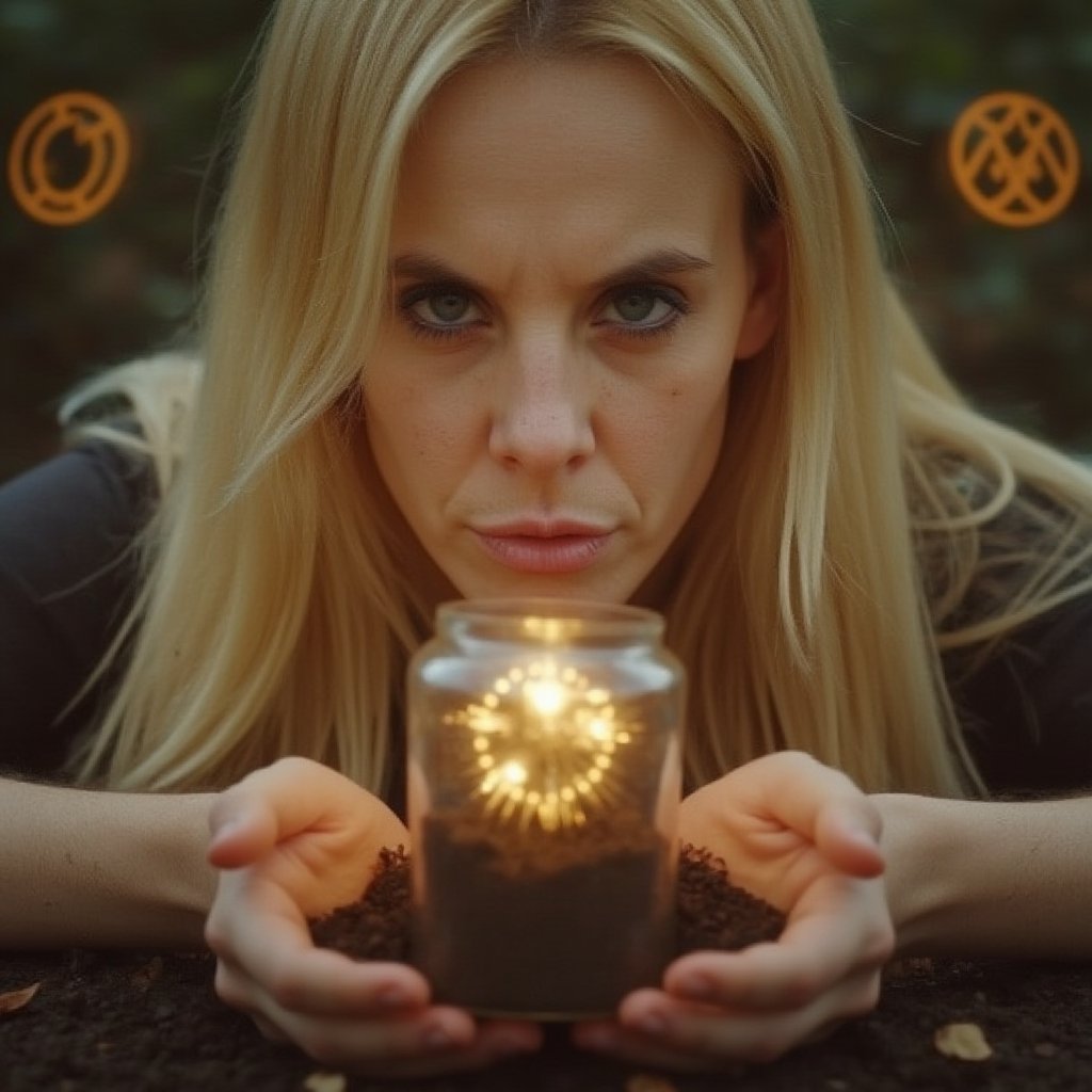 In a frame-filling close-up, a statuesque blonde woman with piercing blue eyes is captured mid-ritual, her gaze intense as she performs an earth mage's symbolic burial of a malevolent spirit contained in a glass jar filled with soil. Her striking eyes, vividly rendered in 8K+ resolution, reflect the gravity of the magic unfolding. Soft, textured earth and scattered leaves surround her, while ethereal brown halos weave intricate patterns around her figure. Delicately placing the jar into the earth, her hands radiate soft, shimmering light and mystical symbols from her palms. The softly blurred background maintains focus on her and the ritual's details, as realistic lighting enhances the magical atmosphere without compromising texture or clarity.