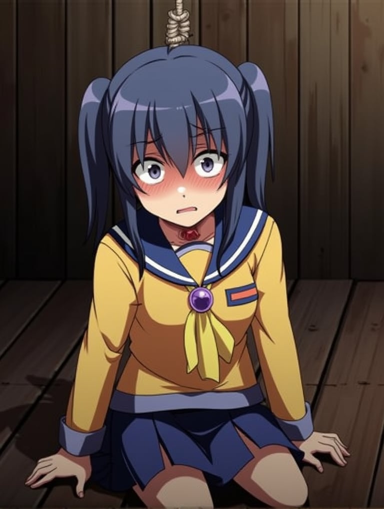 Dead body hanged by the neck with a rope,neck injured,panic face,Ayumi Shinozaki,blue hair, double ponytail hairstyle, yellow marine school uniform with skirt