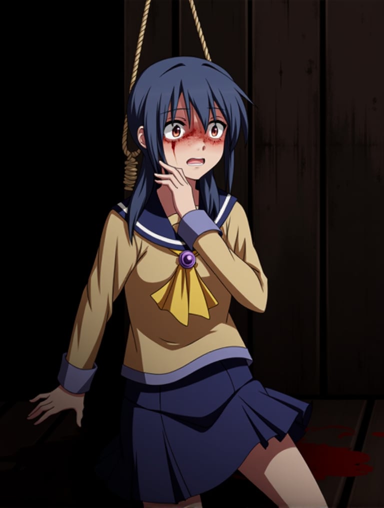 Dead body hanged by the neck with a rope,neck injured,neck break,panic face,Ayumi Shinozaki,blue hair, double ponytail hairstyle, yellow marine school uniform with skirt, guro, horror 