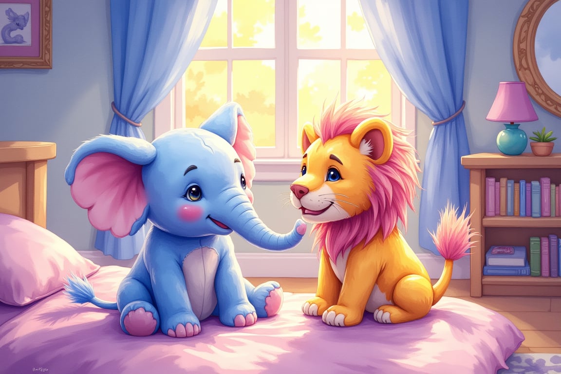 A digital painting of a painting of a plushie elelphant and plushie lion playing together in small child's bedroom.  capture a sense of wondery and mystery of childhood in this masterfully crafted digital artwork, showcasing the artist's exceptional skill and attention to detail. ArsMJStyle, Watercolor