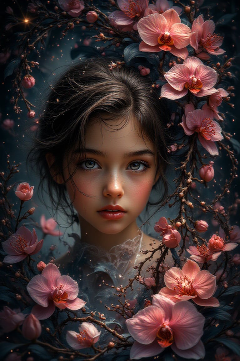 A mesmerizing portrait of a six year old girl with vibrant brown hair and piercing dark brown eyes, she gazes directly at the viewer from amidst a swirling vortex of inky stars. The air is filled with dynamic movement, as if passion itself has taken physical form, pouring forth like ink rain. In the background, very many beautiful orchids, delicate bubbles of ink suspend, adding an air of whimsy to this masterfully crafted digital artwork, showcasing the artist's exceptional skill and attention to detail.