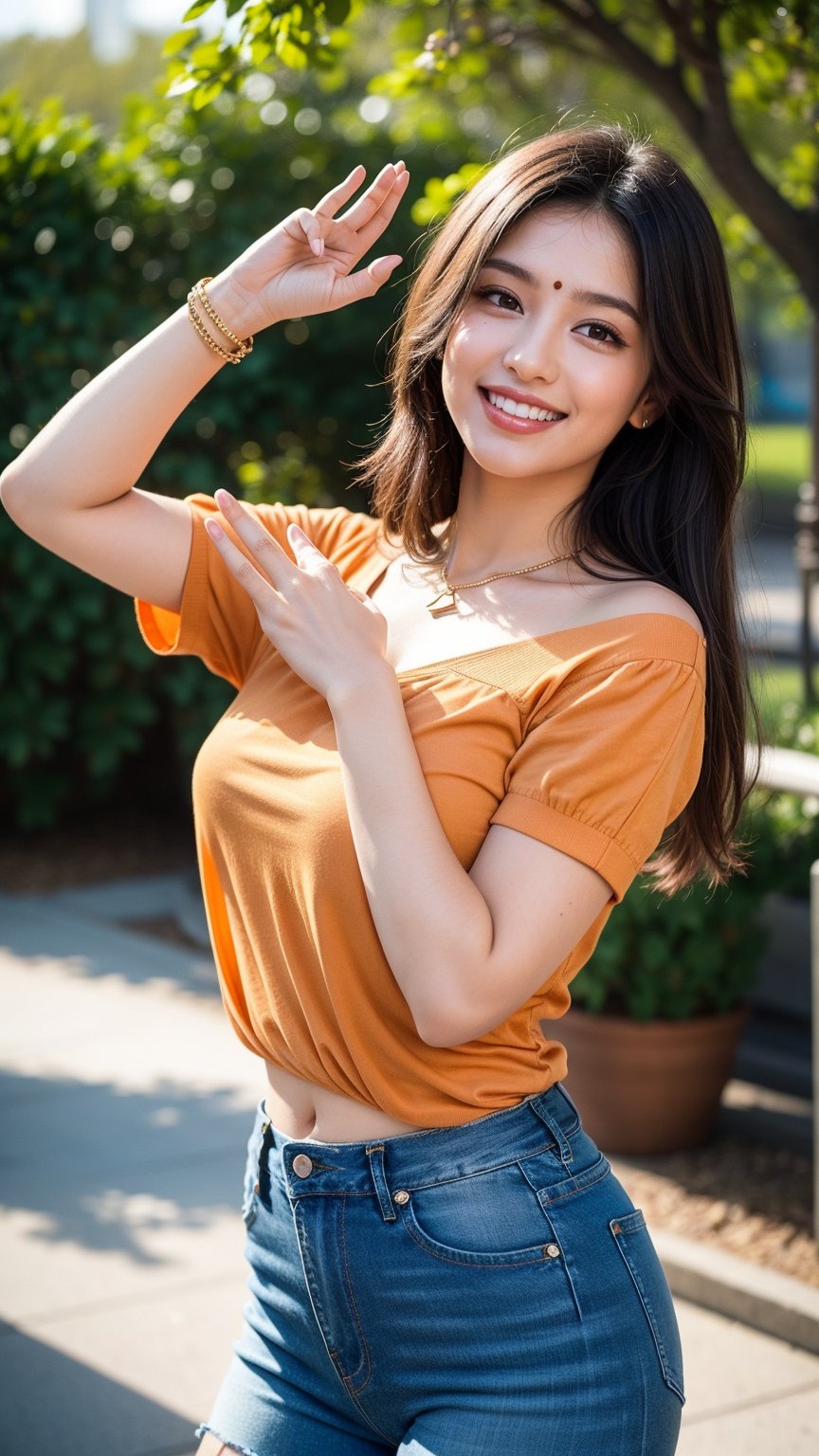 A solo indian female figure stands confidently outside, her long brown hair blowing gently in the breeze. She gazes directly at the viewer with a warm, radiant smile, her teeth gleaming in the sunlight and her face seems extremely realistic. Her outfit is casual yet stylish, featuring an orange top and jeans, accented by jewelry around her neck and looking extremely realistic. Her hands rise above her head, palms up, as she exudes a sense of freedom and joy. The blurred background adds to the dreamy atmosphere, while her sharp features remain crisp and extremely realistic.