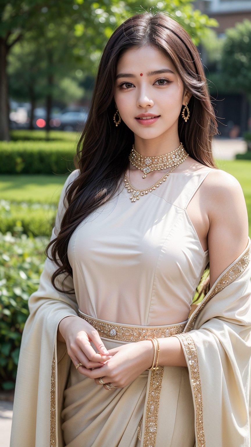 A solo indian female figure stands confidently outside, her long brown hair blowing gently in the breeze. She gazes directly at the viewer with a warm, radiant smile, her teeth gleaming in the sunlight and her face seems extremely realistic. Her outfit is traditional, featuring an beautiful saari , accented by jewelry around her neck and looking extremely realistic. Her hands are trying to Raise a big bag . The blurred background adds to the dreamy atmosphere, walking in garden , while her sharp features remain crisp and extremely realistic.