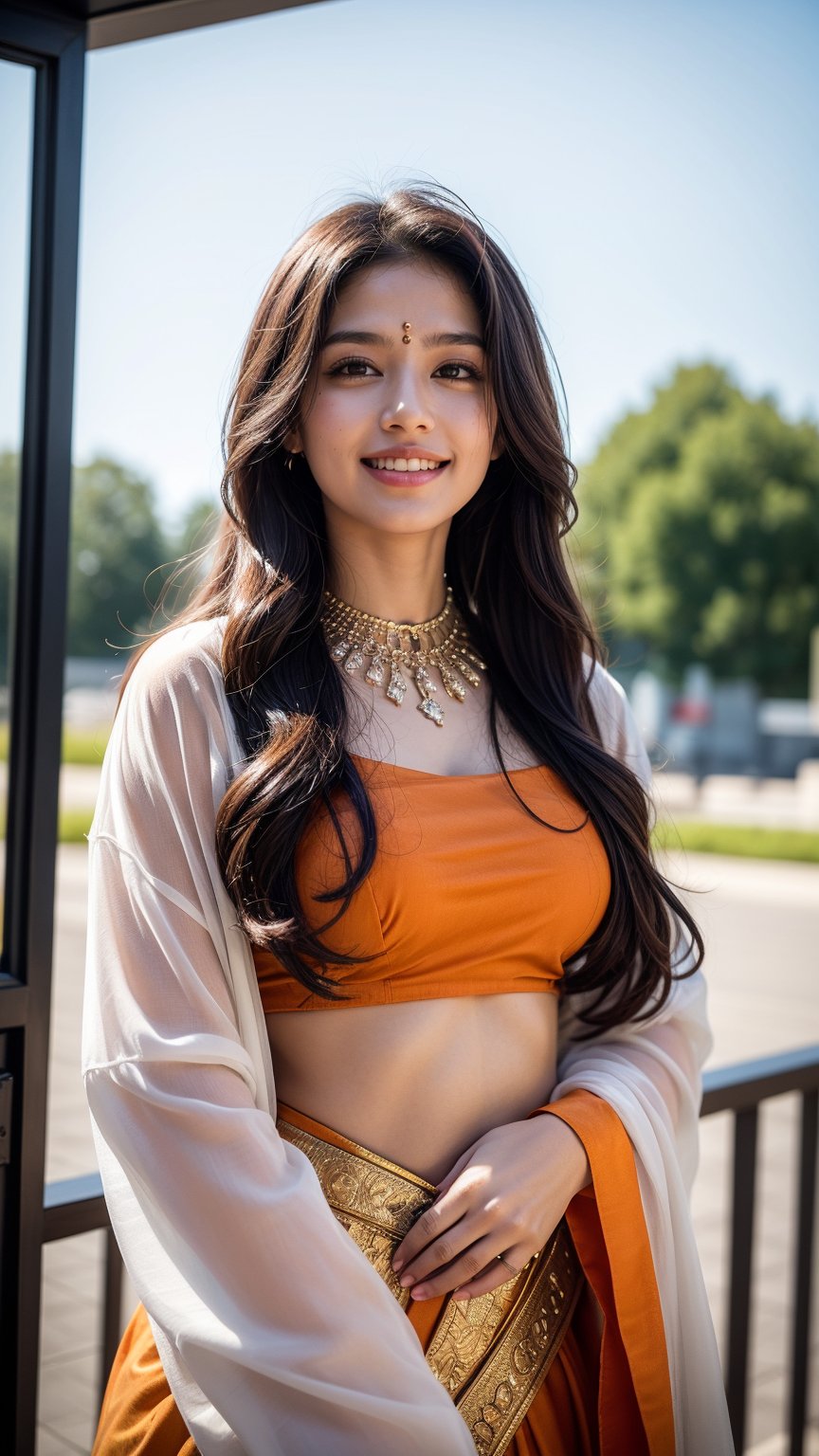 A solo indian female figure stands confidently outside, her long brown hair blowing gently in the breeze. She gazes directly at the viewer with a warm, radiant smile, her teeth gleaming in the sunlight and her face seems extremely realistic. Her outfit is casual yet stylish, featuring an orange saari , accented by jewelry around her neck and looking extremely realistic. Her hands rise above her head, palms up, as she exudes a sense of freedom and joy. The blurred background adds to the dreamy atmosphere, while her sharp features remain crisp and extremely realistic.