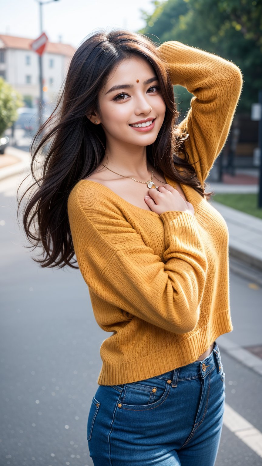 A solo indian female figure stands confidently outside, her long brown hair blowing gently in the breeze. She gazes directly at the viewer with a warm, radiant smile, her teeth gleaming in the sunlight. Her outfit is casual yet stylish, featuring an orange sweater and jeans, accented by jewelry around her neck. Her hands rise above her head, palms up, as she exudes a sense of freedom and joy. The blurred background adds to the dreamy atmosphere, while her sharp features remain crisp and realistic.