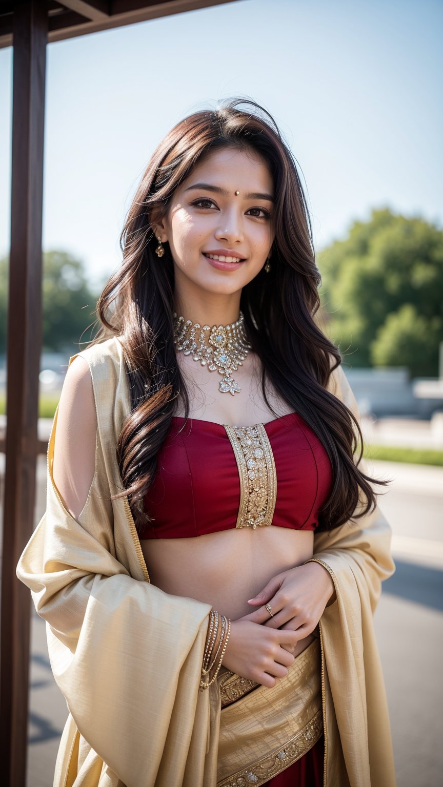 A solo indian female figure stands confidently outside, her long brown hair blowing gently in the breeze. She gazes directly at the viewer with a warm, radiant smile, her teeth gleaming in the sunlight and her face seems extremely realistic. Her outfit is traditional, featuring an beautiful saari , accented by jewelry around her neck and looking extremely realistic. Her hands rise above her head, palms up, as she exudes a sense of freedom and joy. The blurred background adds to the dreamy atmosphere, while her sharp features remain crisp and extremely realistic.