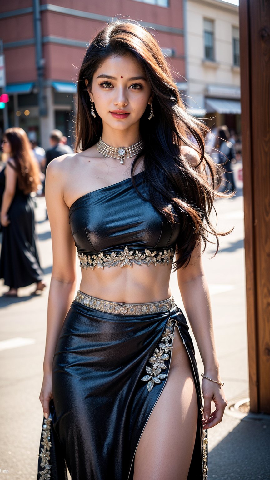 19 year old Indian women , wearing beautiful full saari, more realistic , long black hairs , perfect figure,  , walking in the street ,
, blue eyes, pink juicy lips brown hair , long hair , smiling, in the cafee,photorealistic, bindi
 , cinematic light, cinematic picture 