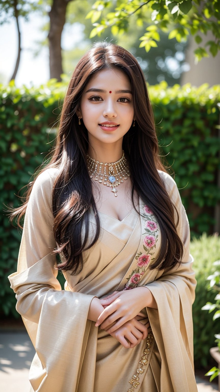 A solo indian female figure stands confidently outside, her long brown hair blowing gently in the breeze. She gazes directly at the viewer with a warm, radiant smile, her teeth gleaming in the sunlight and her face seems extremely realistic. Her outfit is traditional, featuring an beautiful saari , accented by jewelry around her neck and looking extremely realistic. Her hands also are so realistic . The blurred background adds to the dreamy atmosphere, walking in garden , while her sharp features remain crisp and extremely realistic.