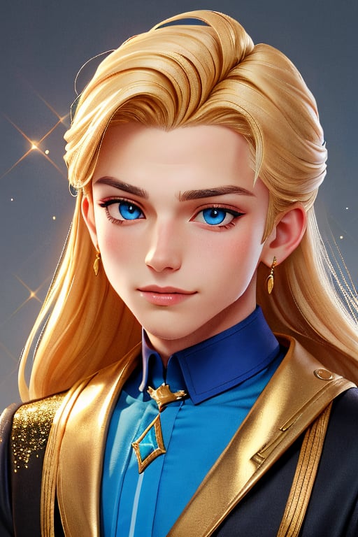 1_hot_boy, blond, long_hair boy, glitter, high_resolution, detailed, portrait, shiny skin, multicolor, shiny, light_blue golden brodery attire