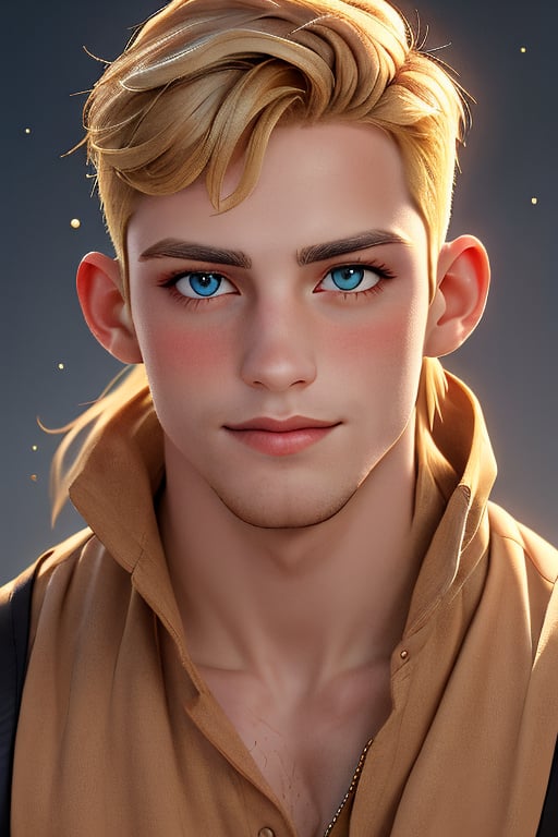 1_hot_boy, blond, long_hair boy, glitter, high_resolution, detailed, portrait, shiny skin, multicolor, shiny, light_blue golden brodery attire