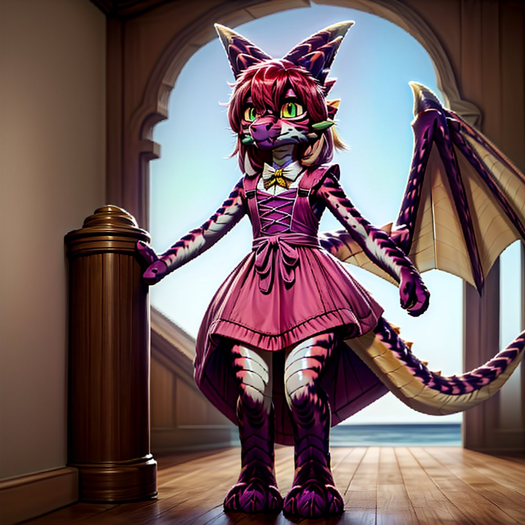 ((((full body)))), A majestic loli dragon neko stands before us. Her dark-scaled skin glistens in the soft, warm light, as if infused with an inner glow. Feline features are prominent - cat ears perked up and a long, fluffy tail extending from her posterior. A Lolita dress of mixed red, pink, and black patterns wraps around her slender form, creating a striking contrast against her dark scales. The overall composition is framed by a subtle gradient of blues and purples in the background, subtly evoking a sense of mystique and wonder.,green reptile hands,Monster girl,Dragon girl,furry,furry female,body fur,animal ear fluff,animal ears,fang