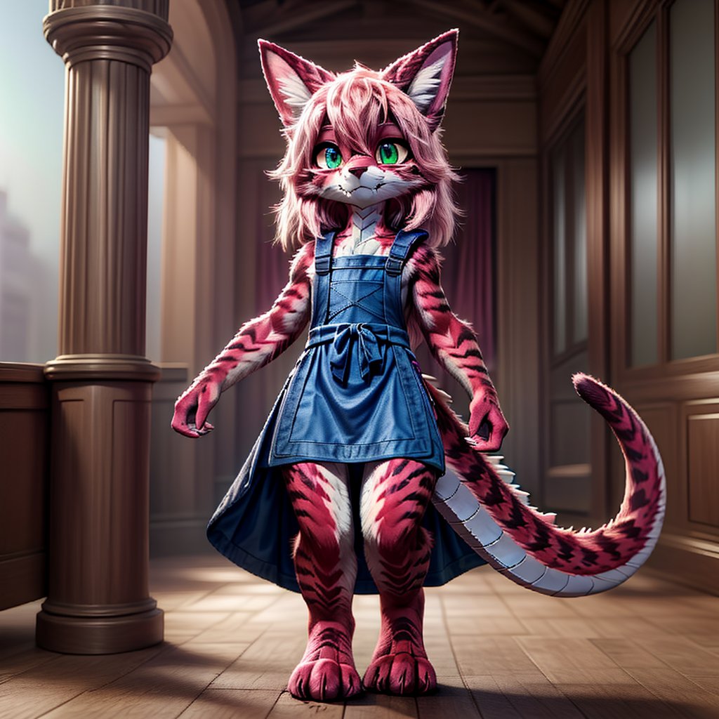 ((((full body)))), A majestic loli dragon neko stands before us. Her dark-scaled skin glistens in the soft, warm light, as if infused with an inner glow. Feline features are prominent - cat ears perked up and a long, fluffy tail extending from her posterior. A Lolita dress of mixed red, pink, and black patterns wraps around her slender form, creating a striking contrast against her dark scales. The overall composition is framed by a subtle gradient of blues and purples in the background, subtly evoking a sense of mystique and wonder.,green reptile hands,Monster girl,Dragon girl,furry,furry female,body fur,animal ear fluff,animal ears,fang